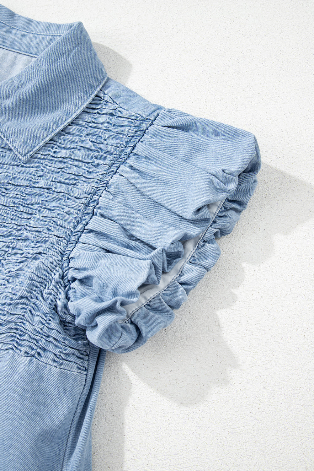 Beau Blue Flutter Sleeve Shirred Button Up Denim Mini Dress