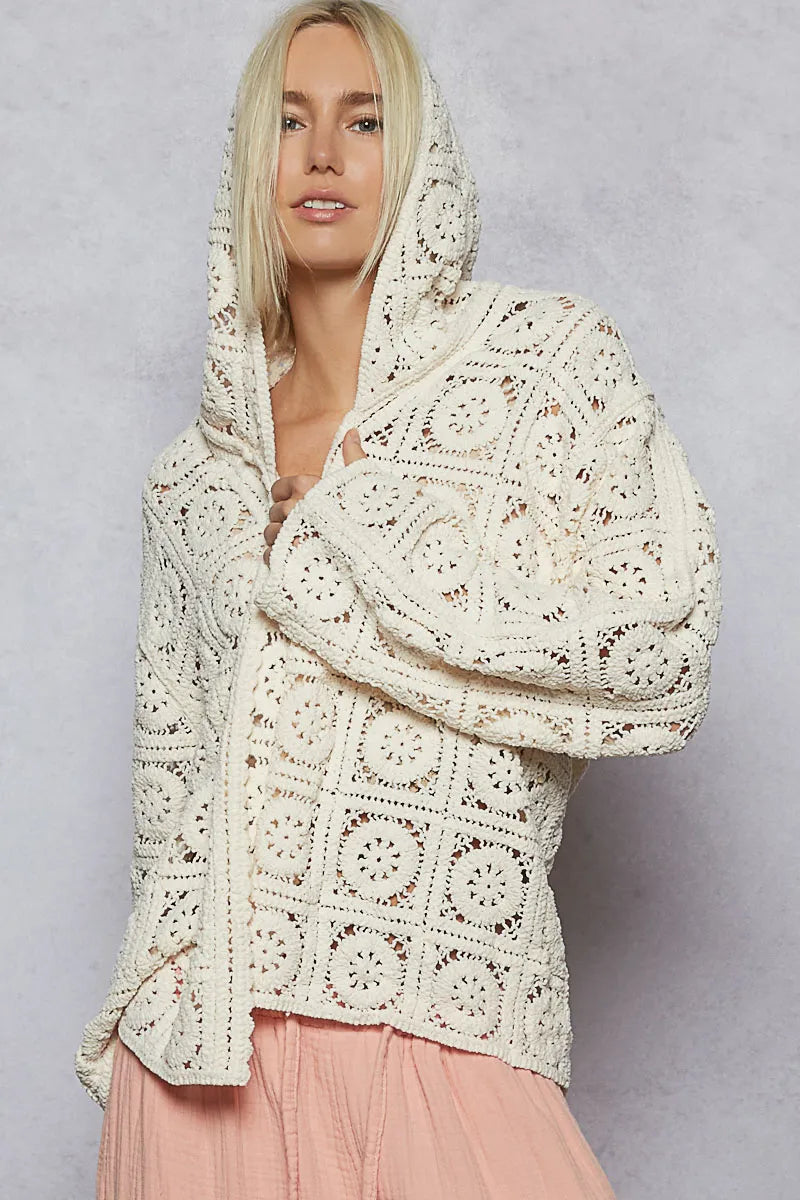 Lace Crochet Open Front Hooded Cardigan