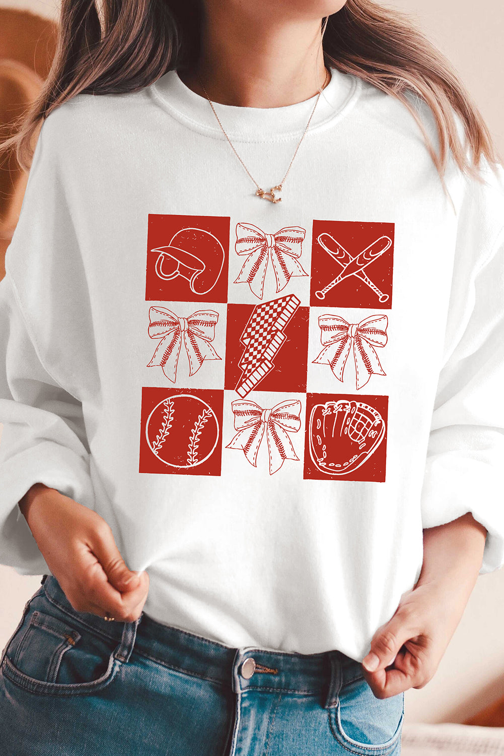 White Baseball Fashion Graphic Cotton Blend Casual Sweatshirt