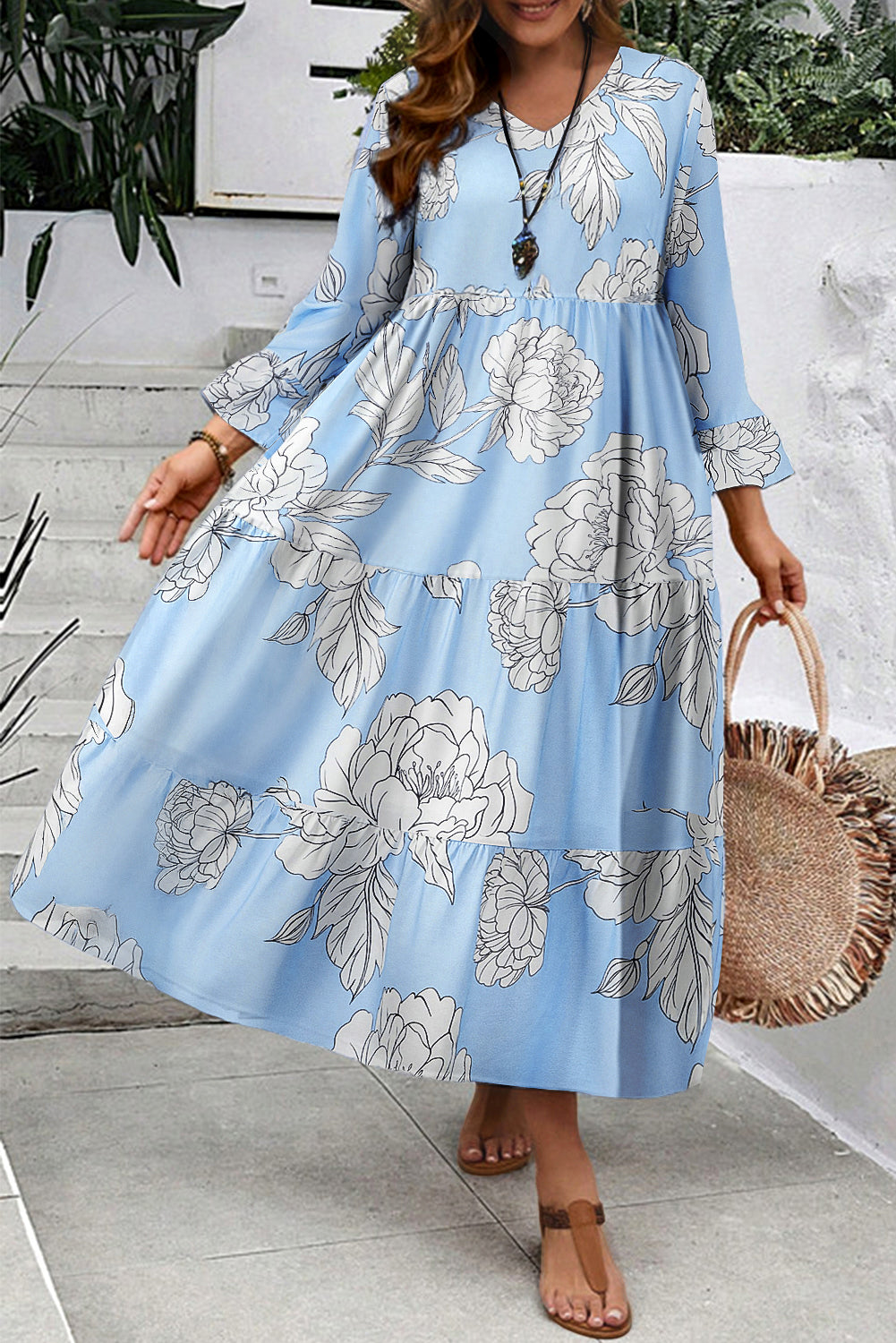 Sky Blue Floral Bell Sleeve V Neck Plus Size Tiered Maxi Dress