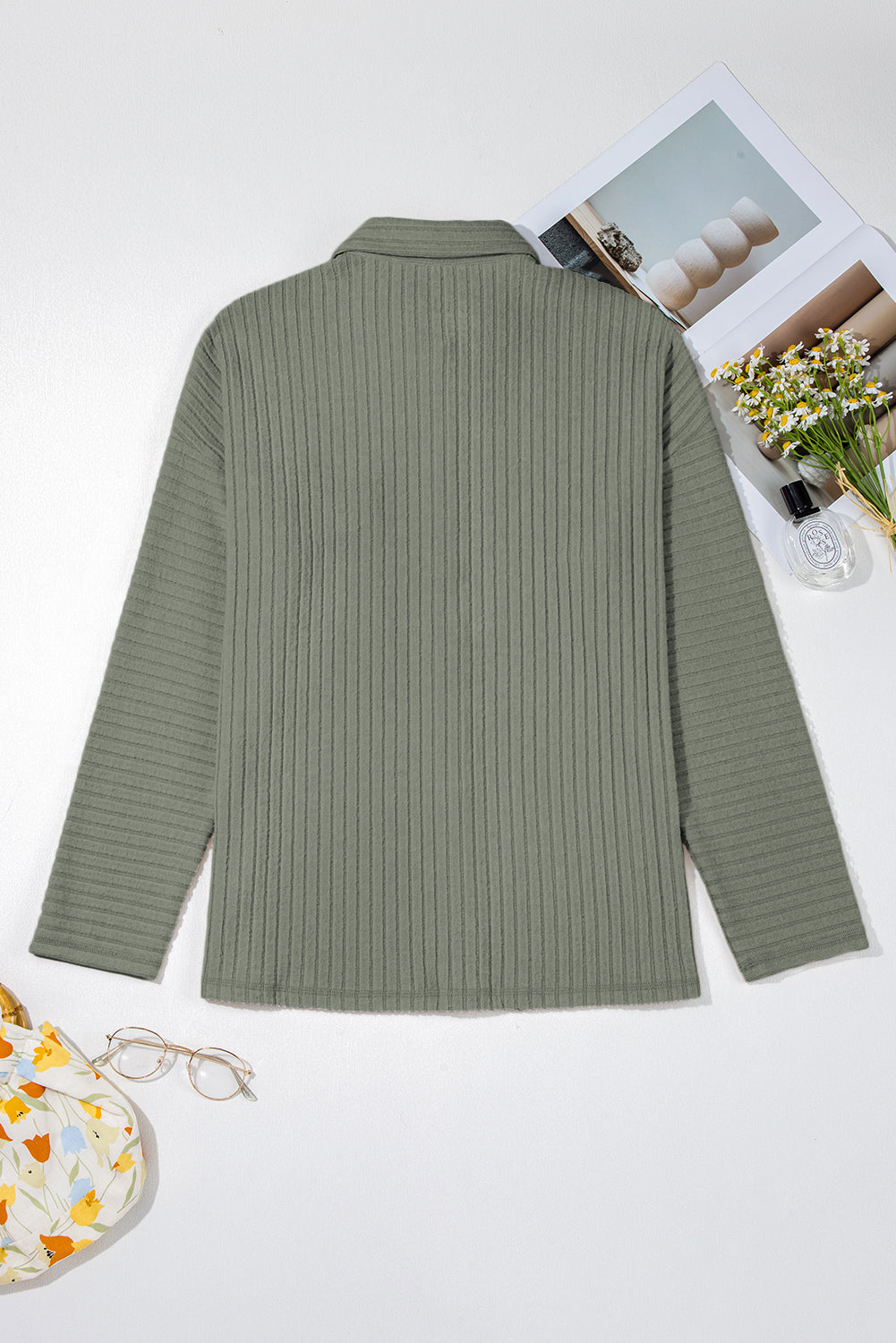 Mist Green Thermal Ribbed Texture Drop Shoulder Button Up Shirt