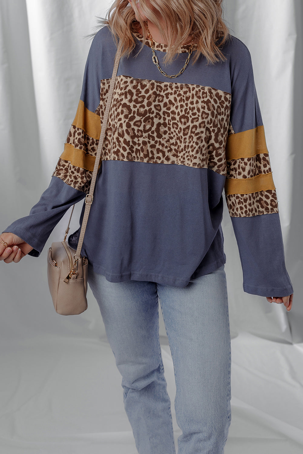 Dark Blue Leopard Colorblock Patchwork Drop Shoulder Top