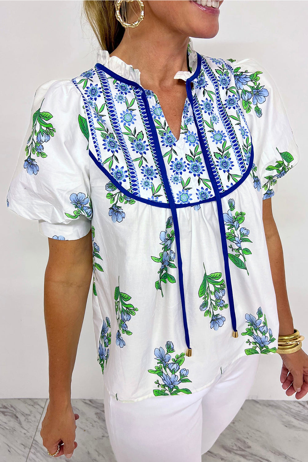 Beige Floral Print Piping Trim Tie Neck Puff Sleeve Blouse