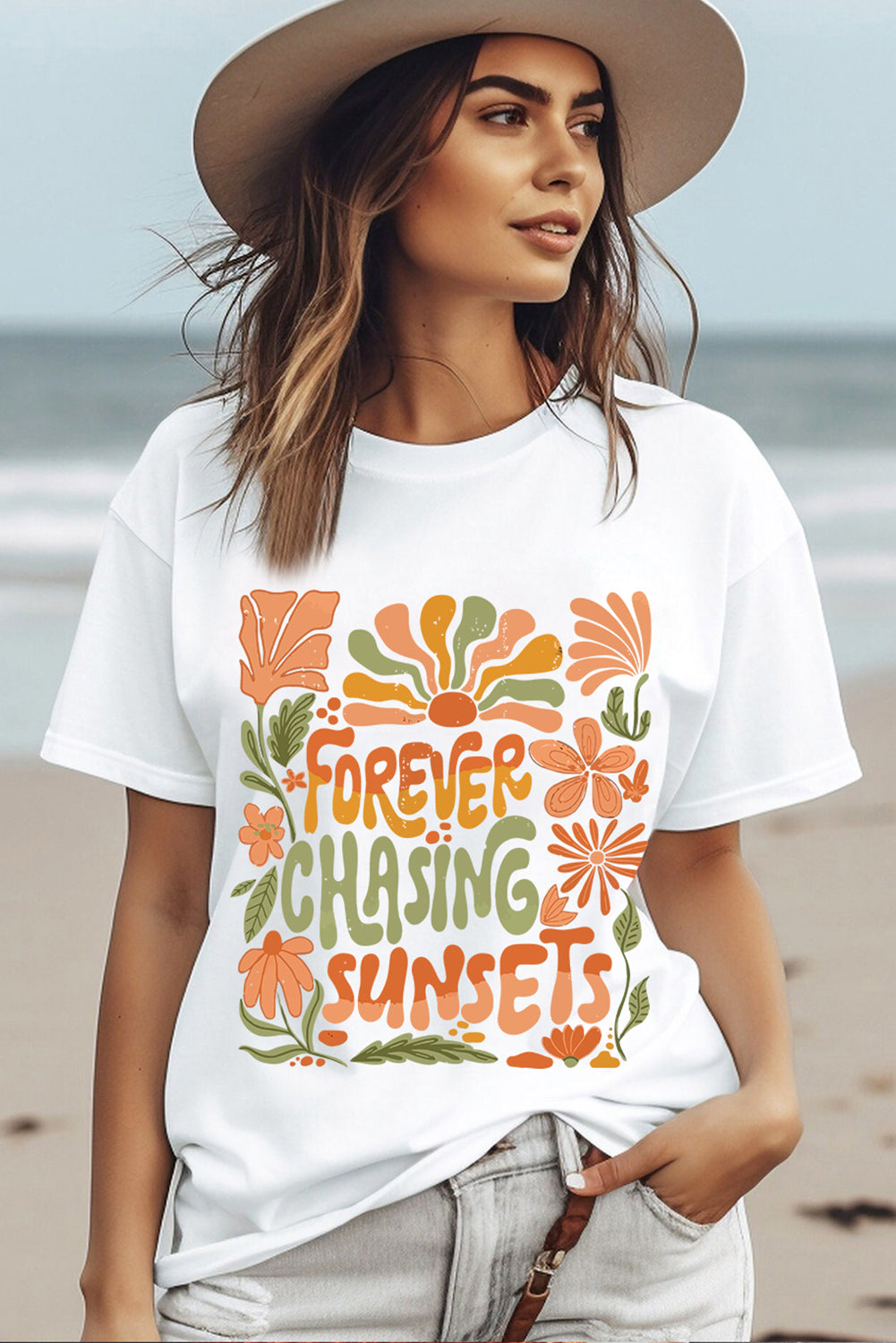 White FOREVER CHASING SUNSETS Floral Print T Shirt