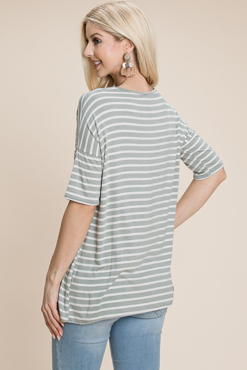 BOMBOM Striped Round Neck T-Shirt-1