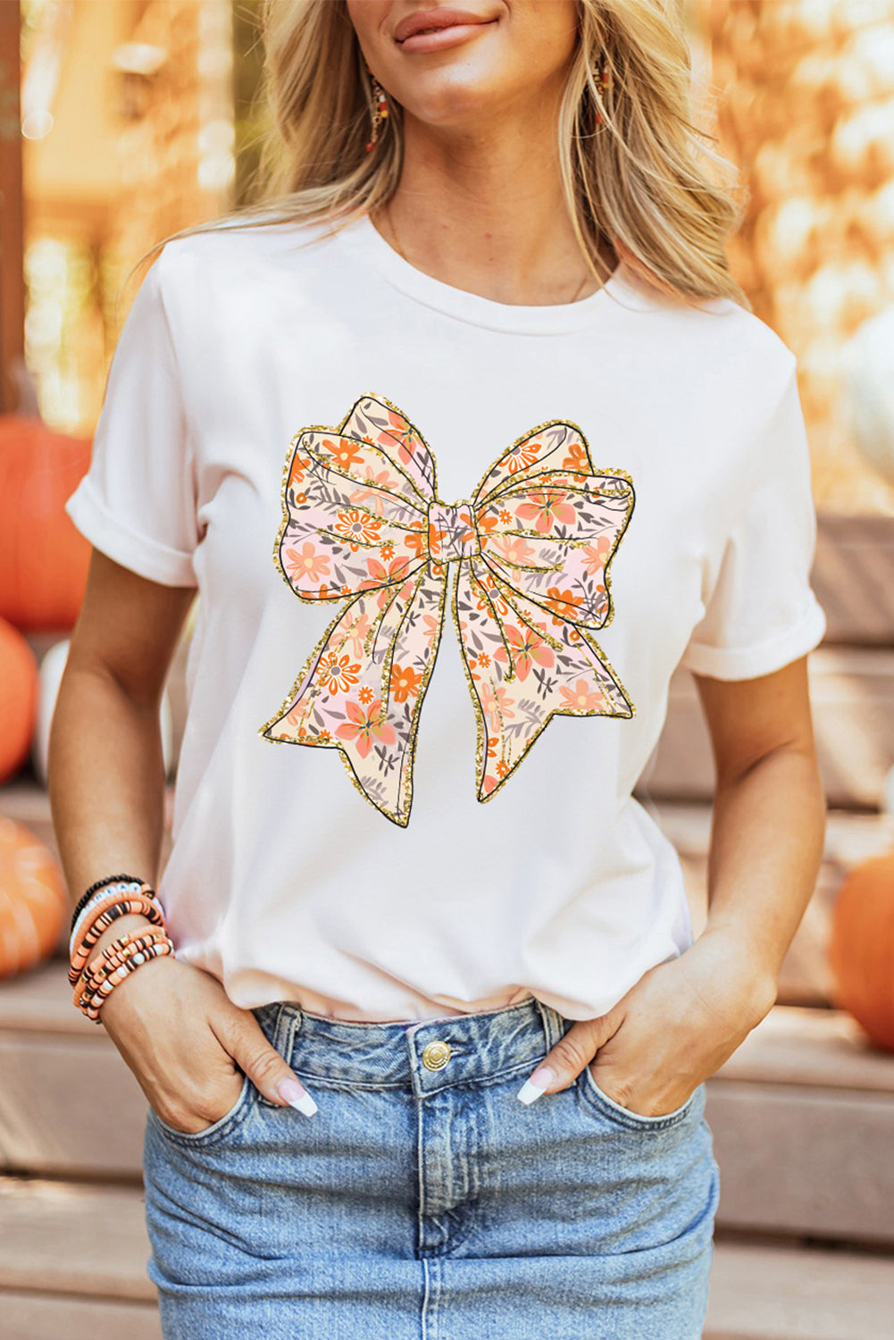 White Glitter Trim Floral Bow Print Cotton Blend T Shirt