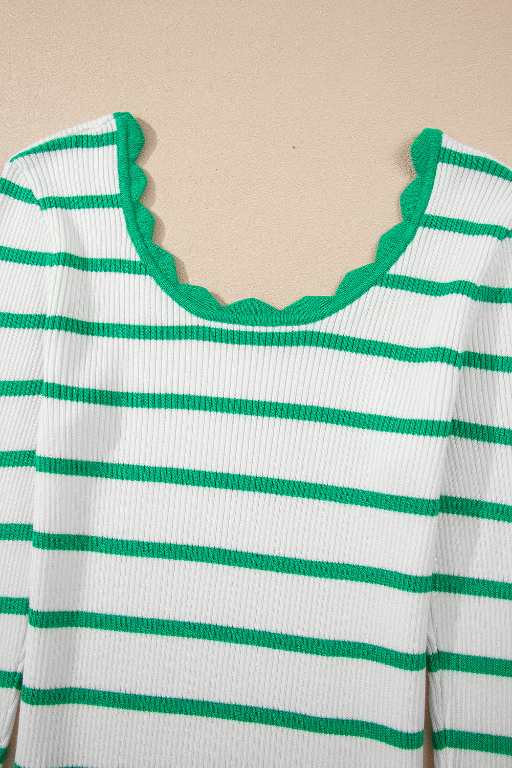 Bright Green Scalloped Edge Striped Long Sleeve  Sweater