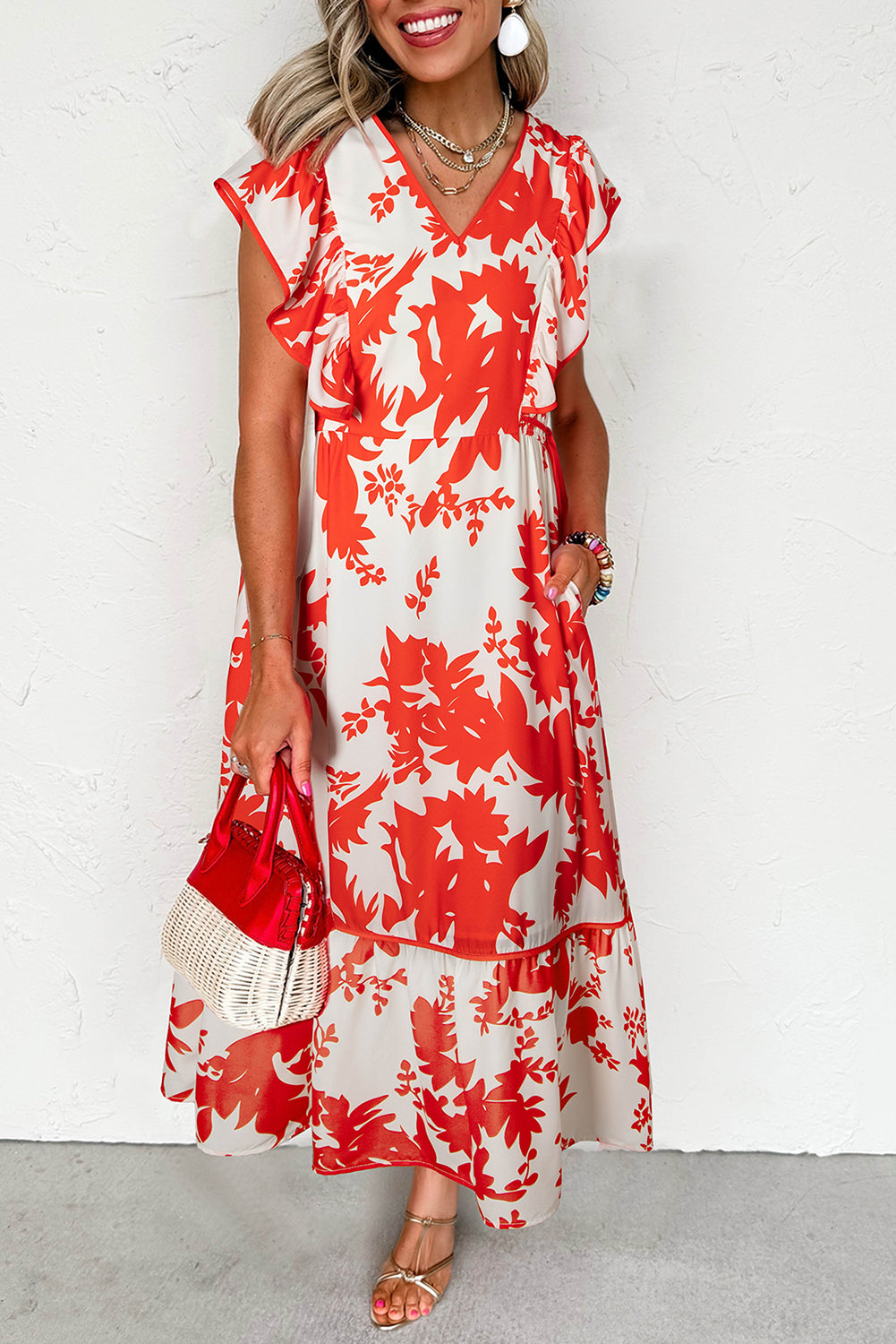 Red Floral Print Trimmed V Neck Ruffle Sleeve Maxi Dress