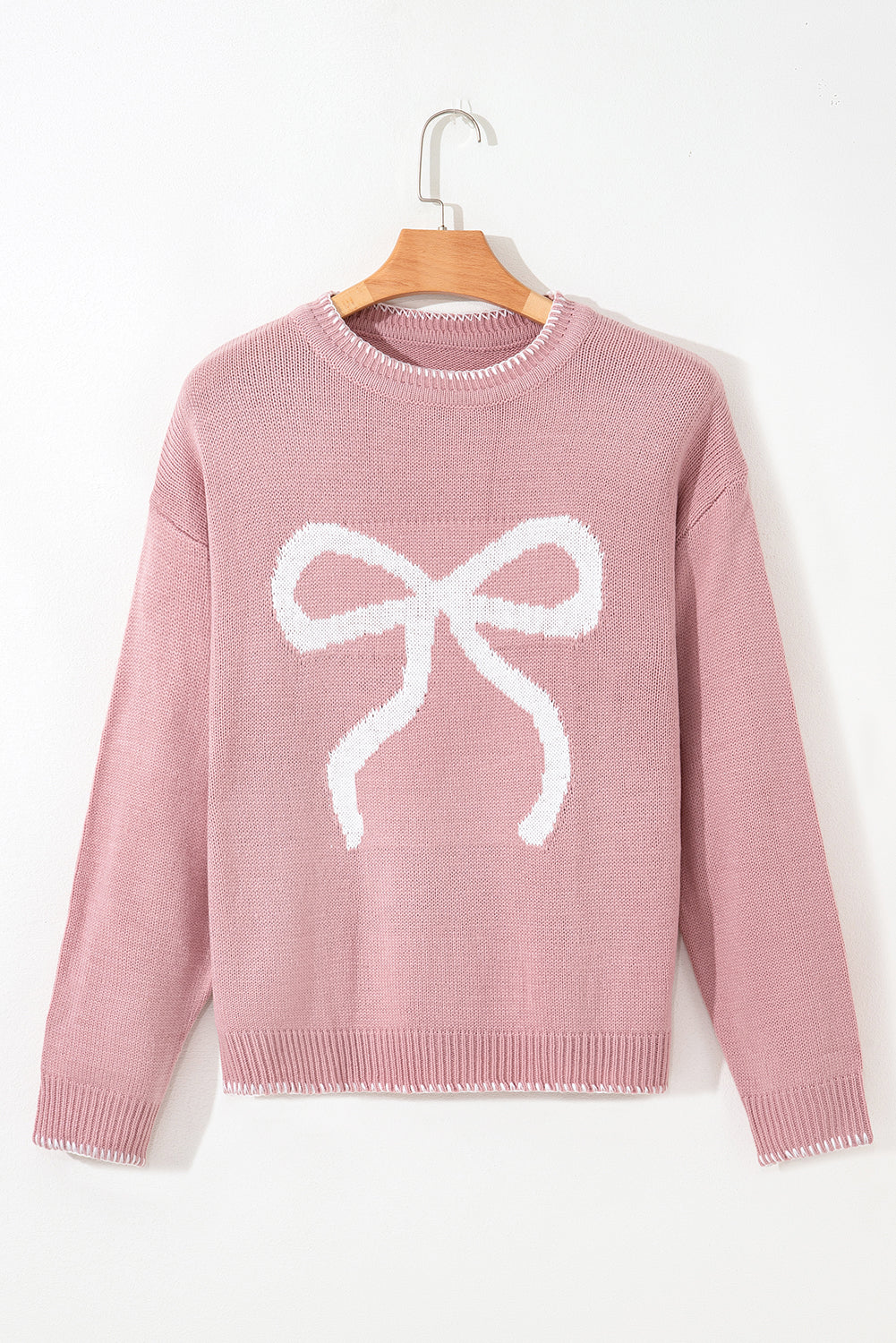 Pink Sweet Bow Drop Sleeve Round Neck Sweater