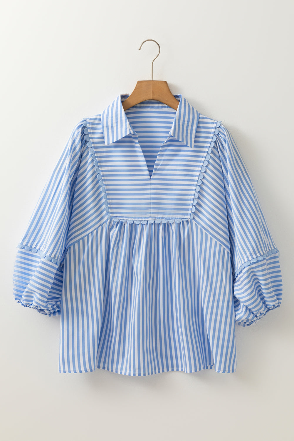 Sky Blue Striped Ric Rac Trim Collared V Neck Blouse