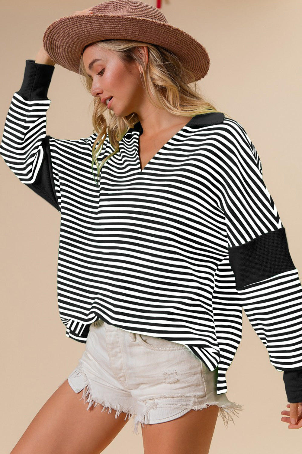 BiBi Striped Contrast Long Sleeve Knit Top-0