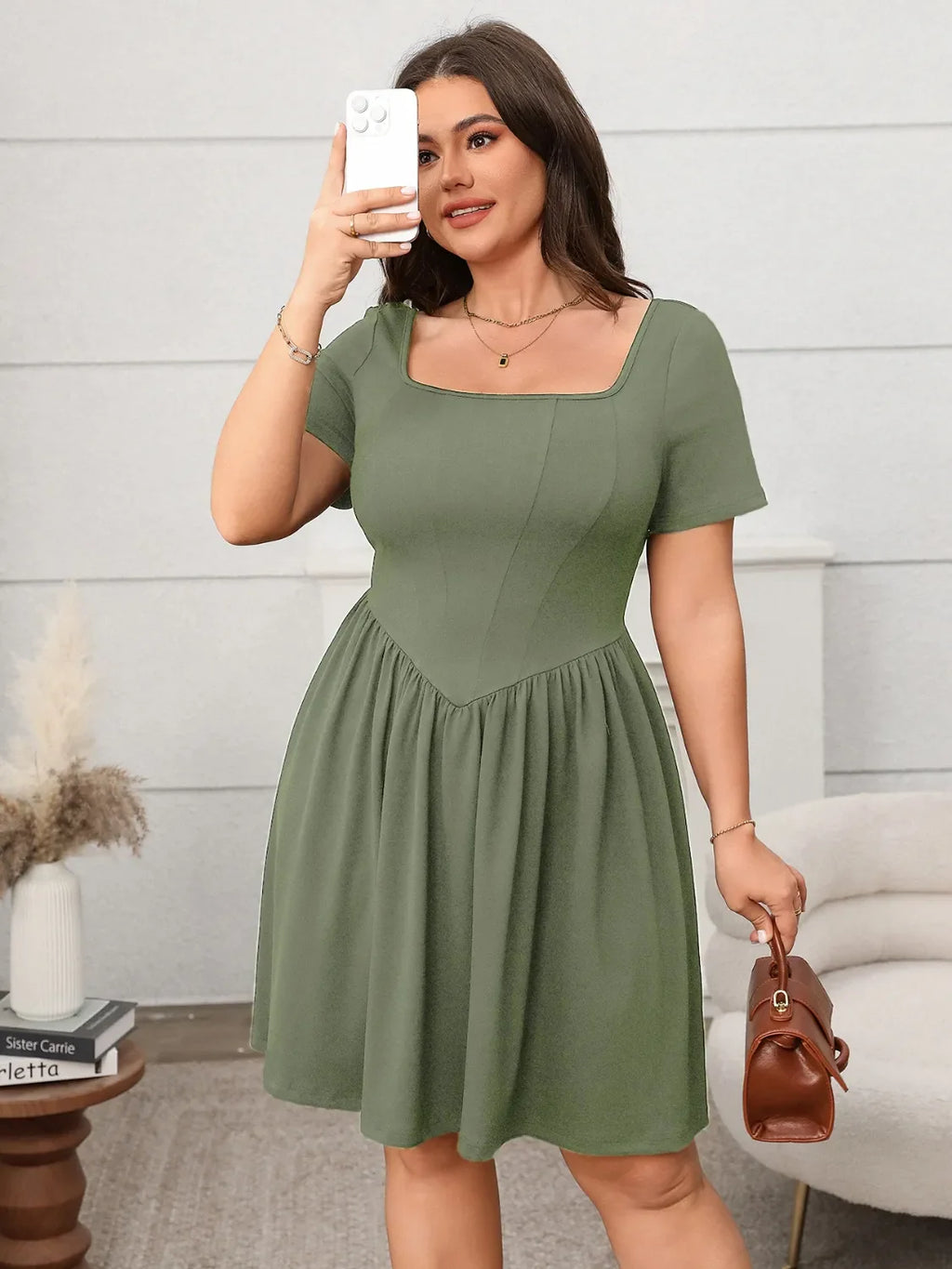 Plus Size Square Neck Short Sleeve Mini Dress