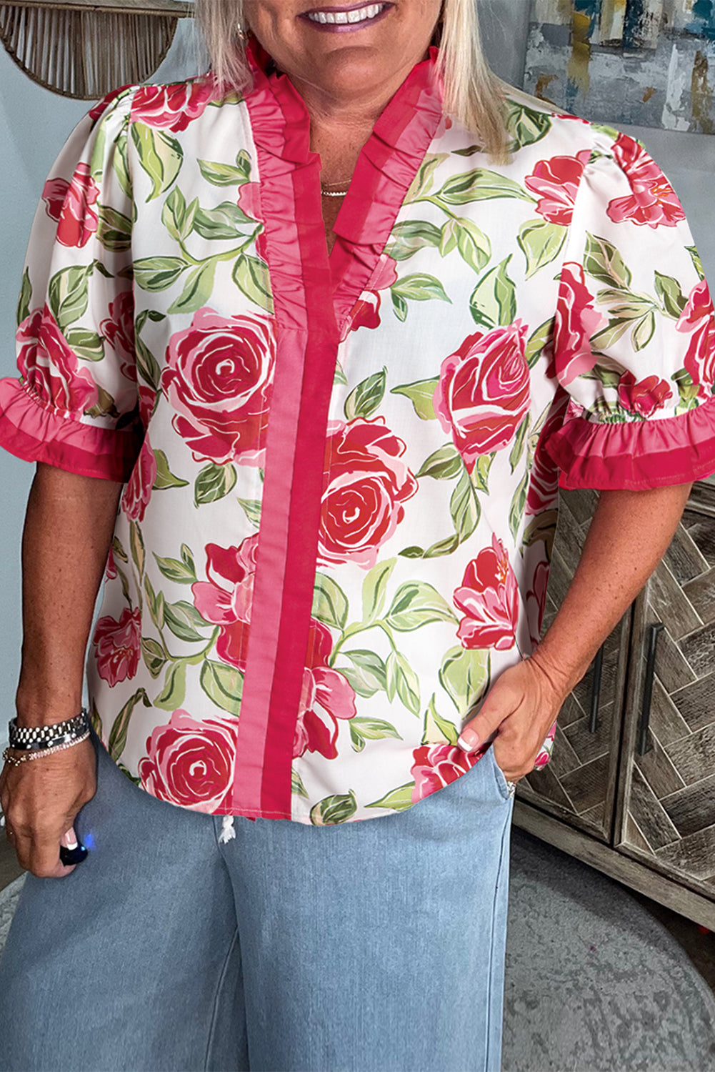Rose Plus Size Floral Print Frill Neck Short Sleeve Blouse