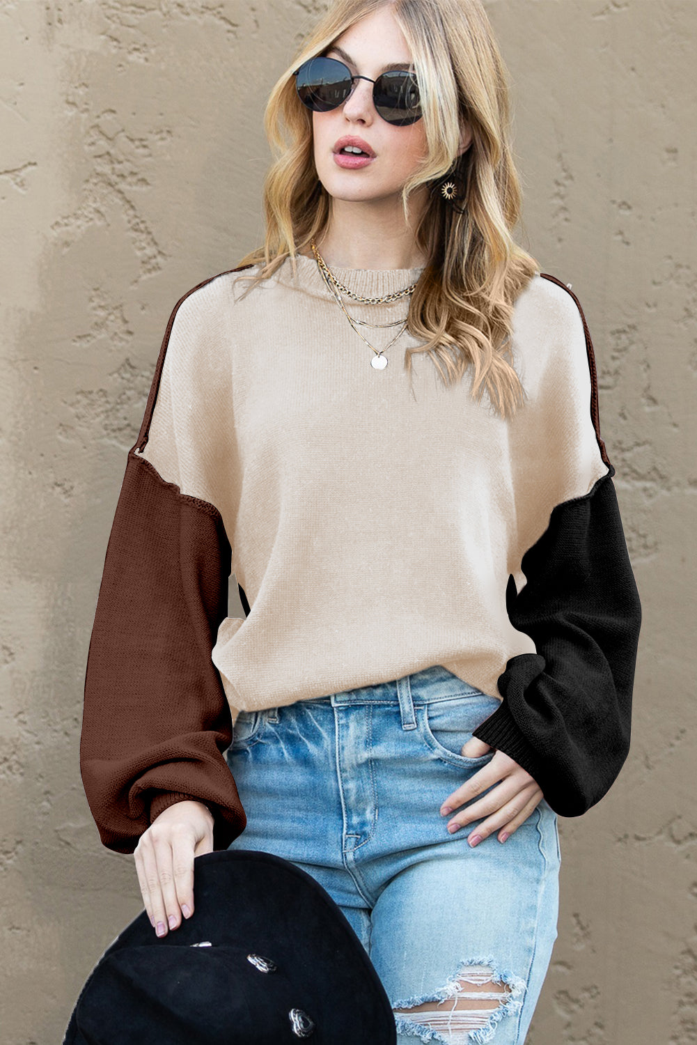 Brown Colorblock Bishop Sleeve Exposed Seam Ribbed Trim Sweater