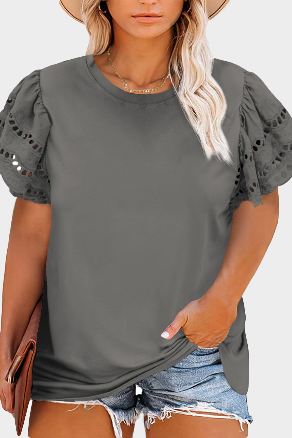 Gray Plus Size Flutter Sleeve Top