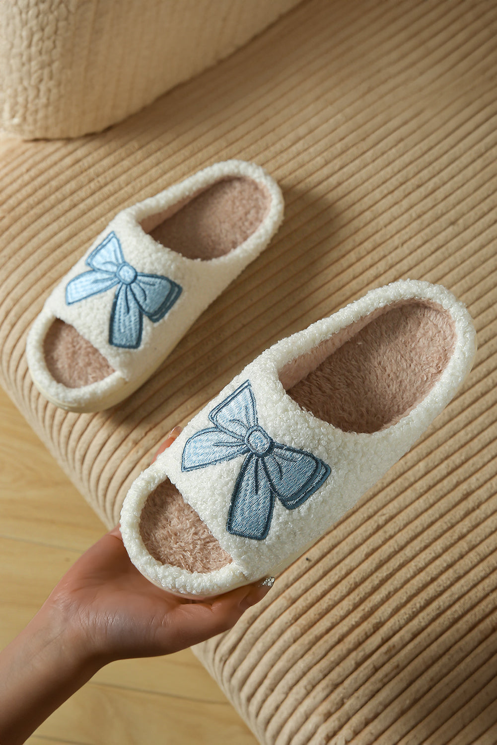 Light Blue Embroidered Bow Open Toe Fuzzy Slippers