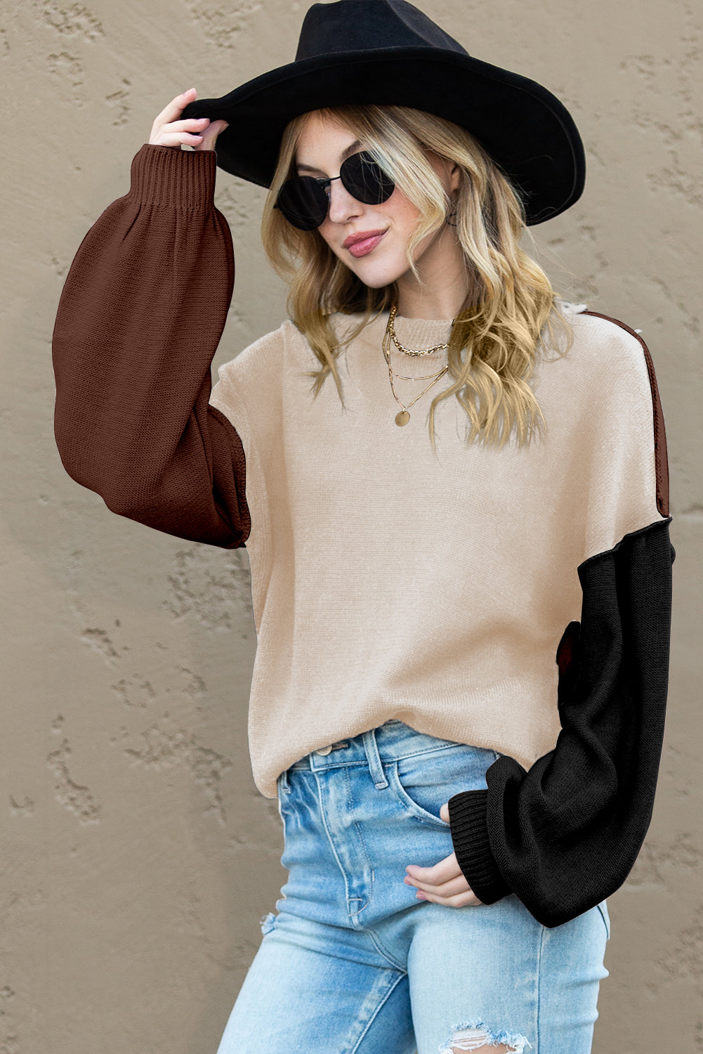 Brown Colorblock Bishop Sleeve Exposed Seam Ribbed Trim Sweater