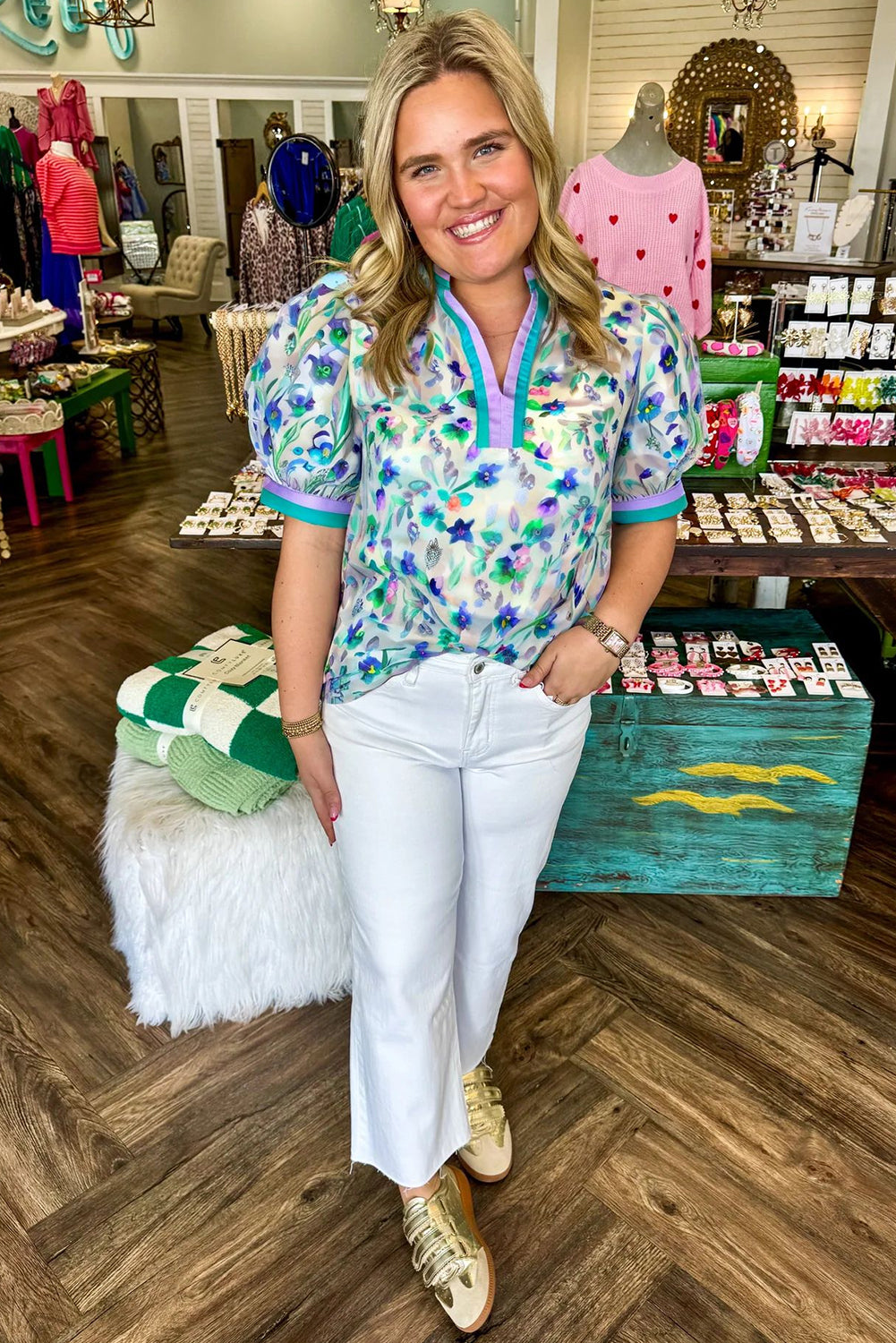 Green Floral Print Pop of Color Split Neck Puff Sleeve Plus Size Blouse