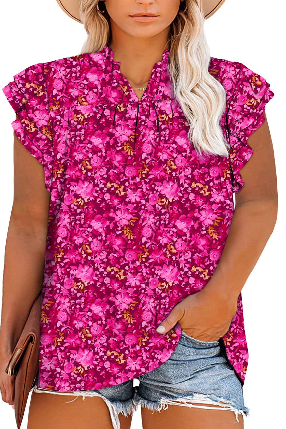 Rose Floral Print Ruffle Sleeve Plus Size Shift Top