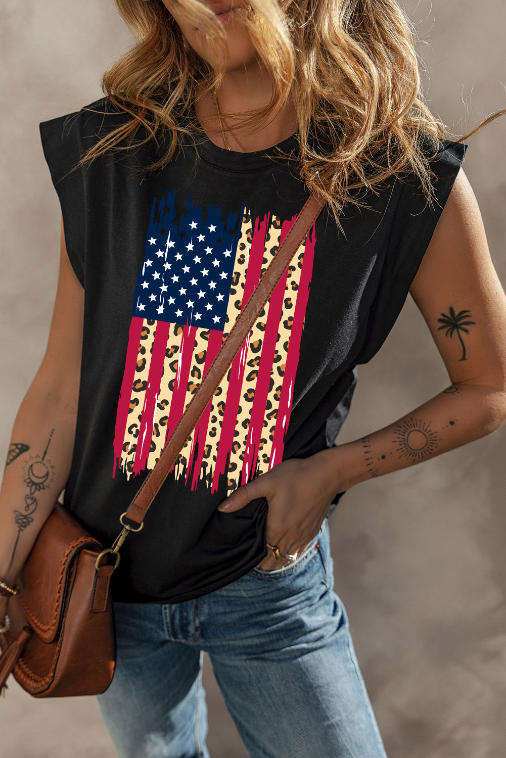 Black Leopard USA Flag Printed Sleeveless Cotton Top