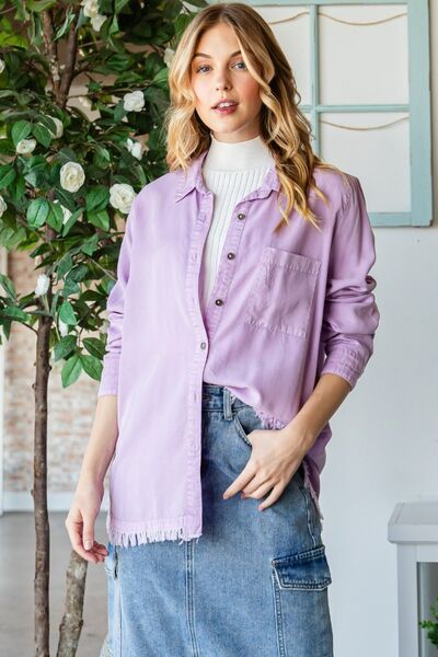 Veveret Raw Hem Button Up Long Sleeve Shirt-0