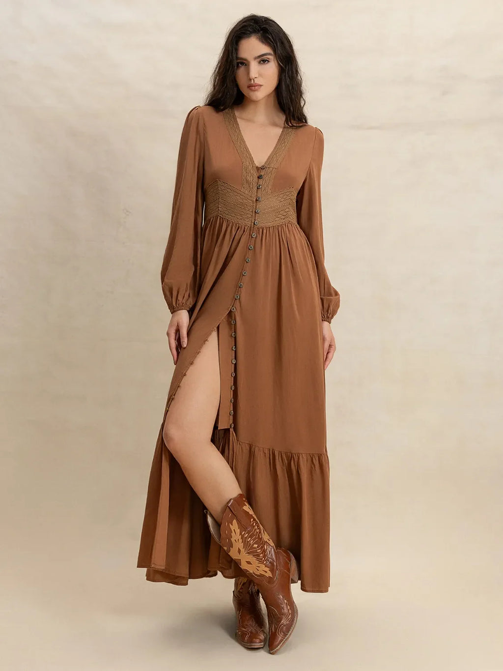 Ruffled Hem V-Neck Balloon Sleeve Maxi Dress