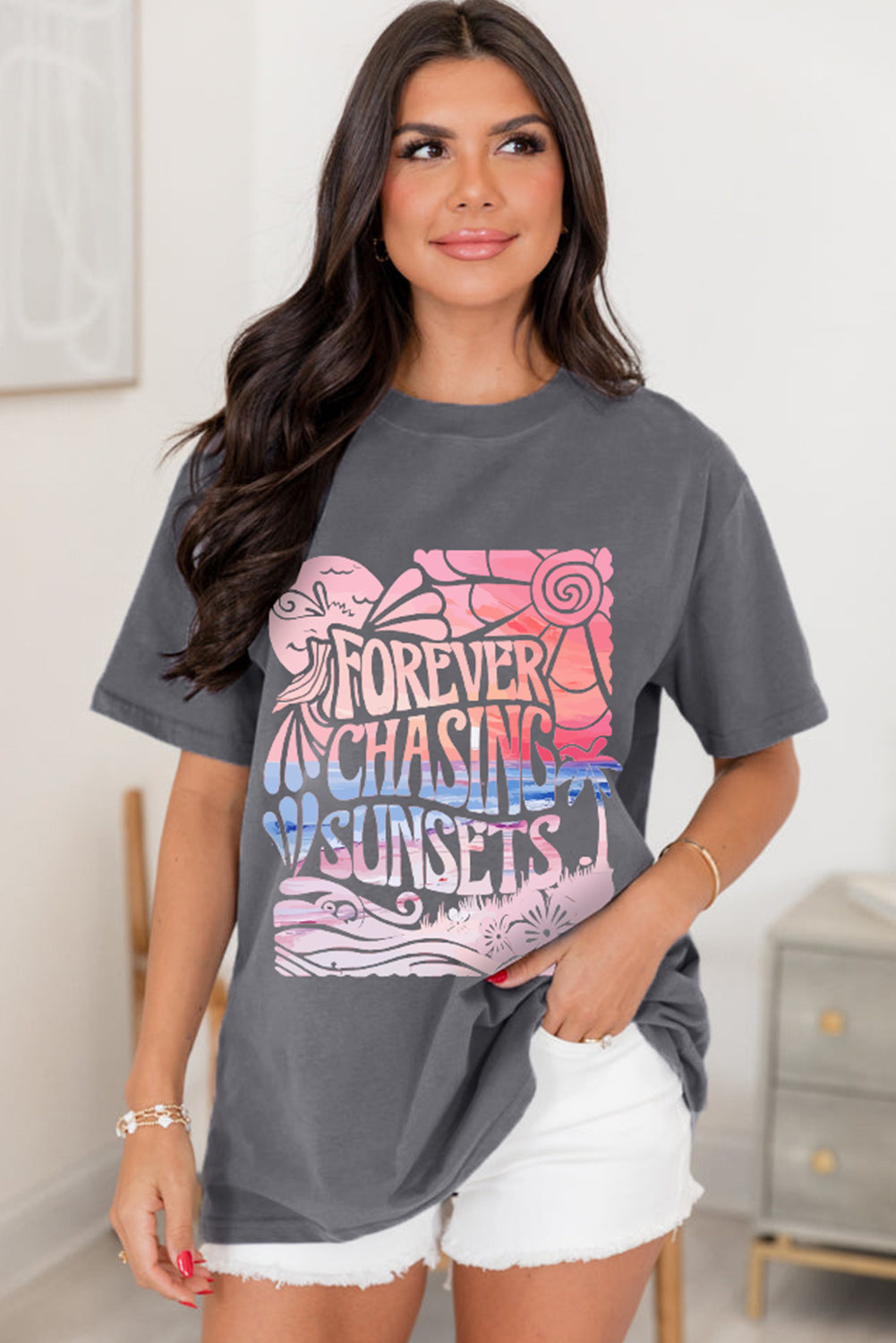 Gray FOREVER CHASING SUNSETS Graphic Summer T Shirt