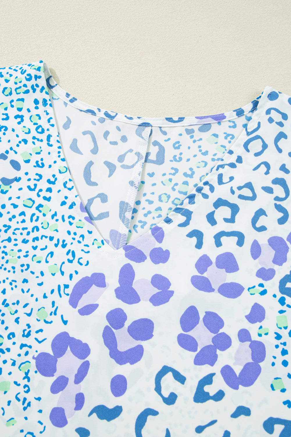 Sky Blue Leopard Print V Neck Short Sleeve Plus Size Top