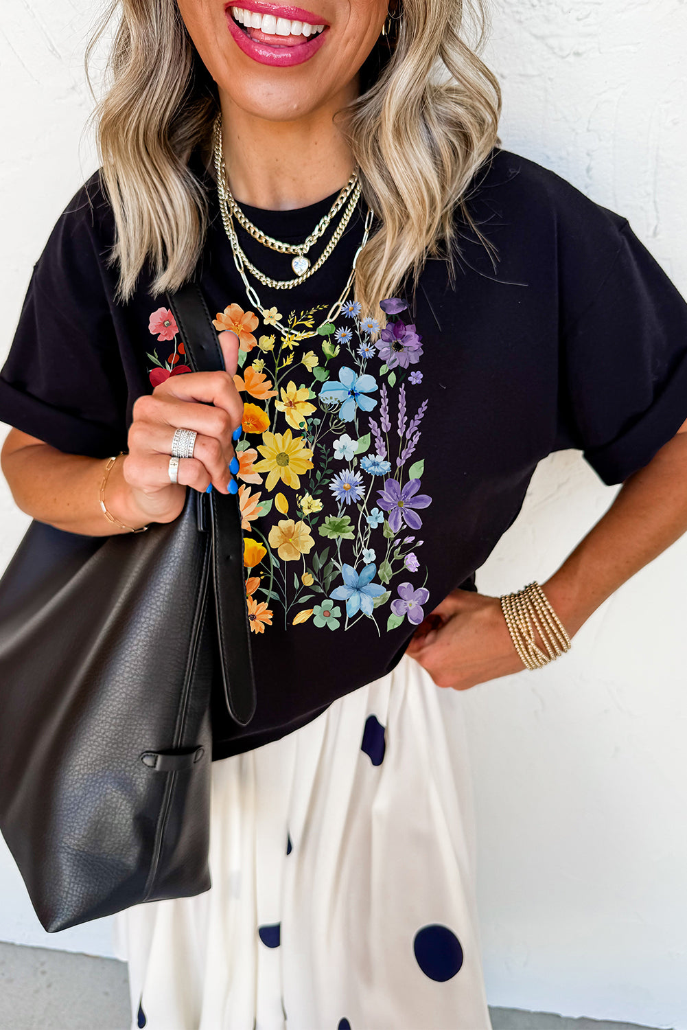 Black Flower Print Cotton Blend Casual Tee