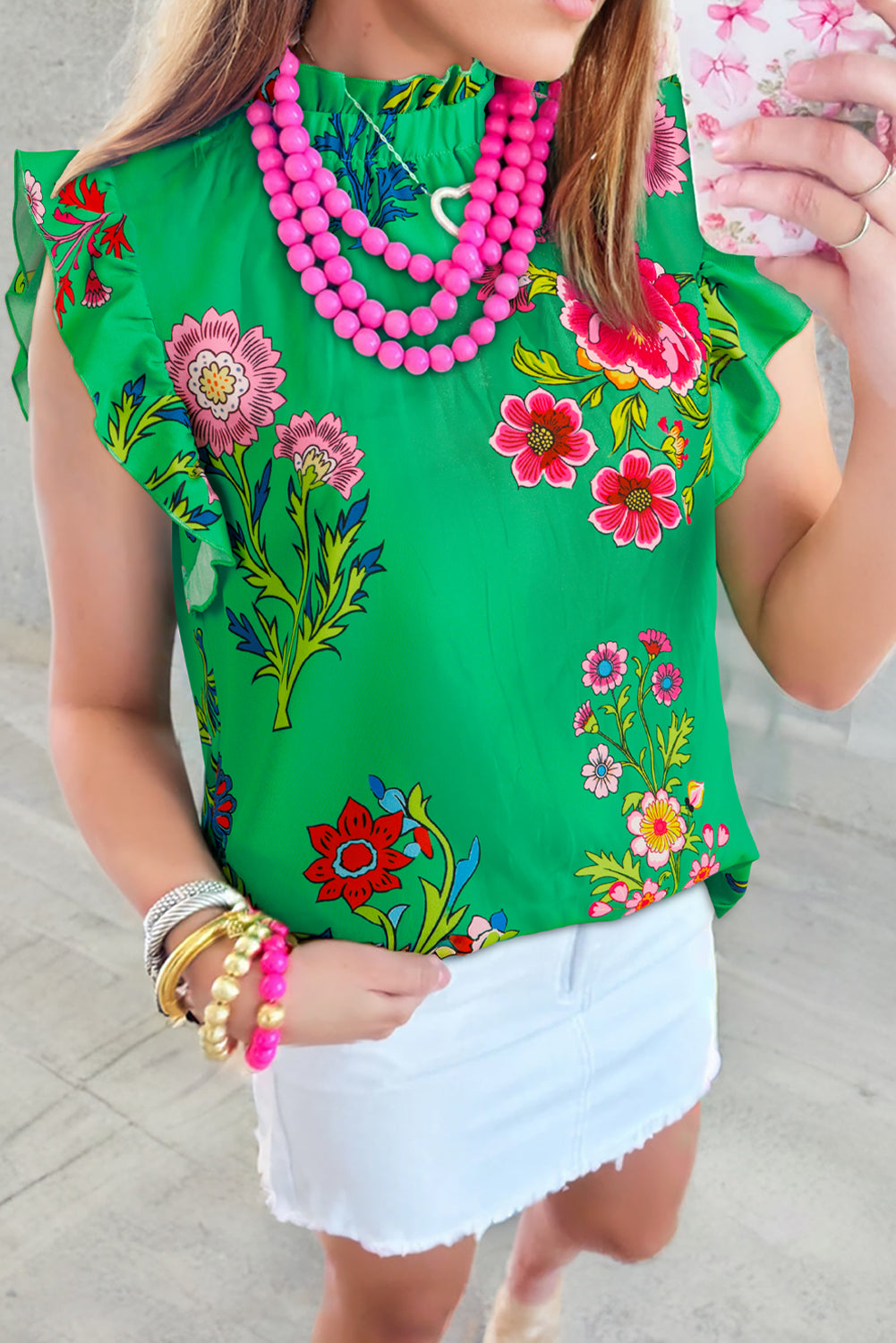 Green Floral Print Flutter Sleeve Frill Neck Blouse