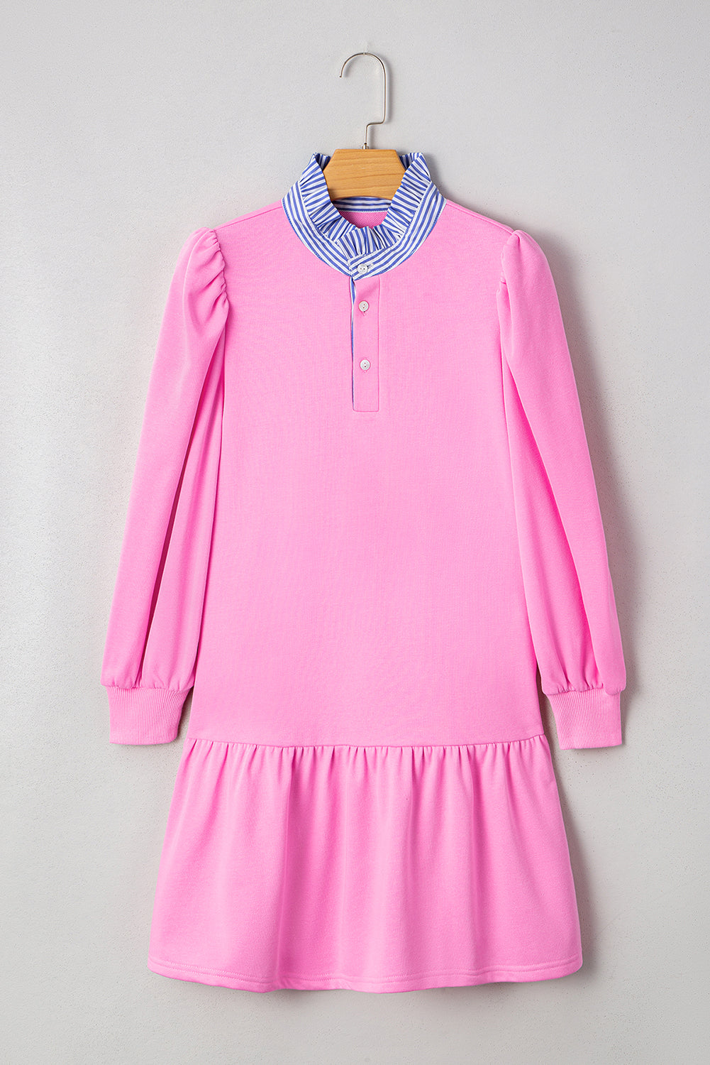 Pink Striped Collar Long Sleeve Ruffle Hem Dress