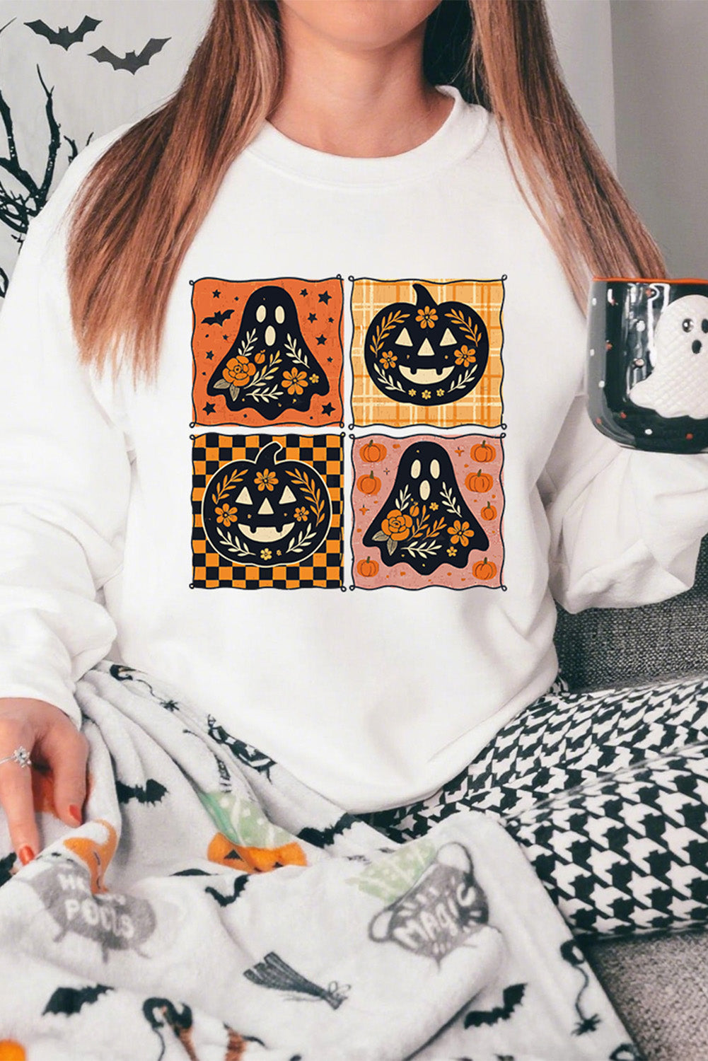 White Halloween Ghost Pumpkin Face Floral Checkered Graphic Sweatshirt