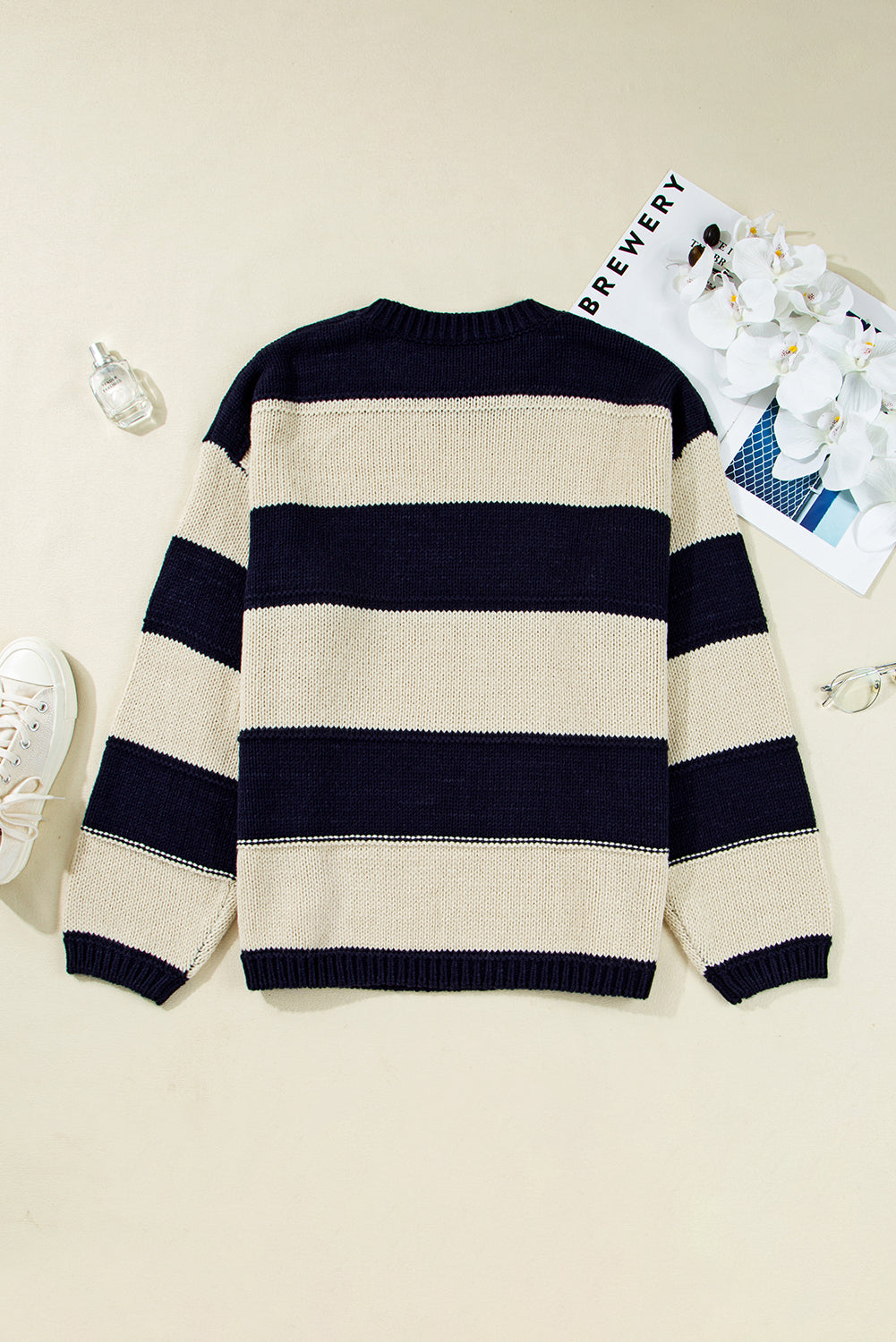 Blue Stripe Color Block PLus Size Drop Shoulder Sweater
