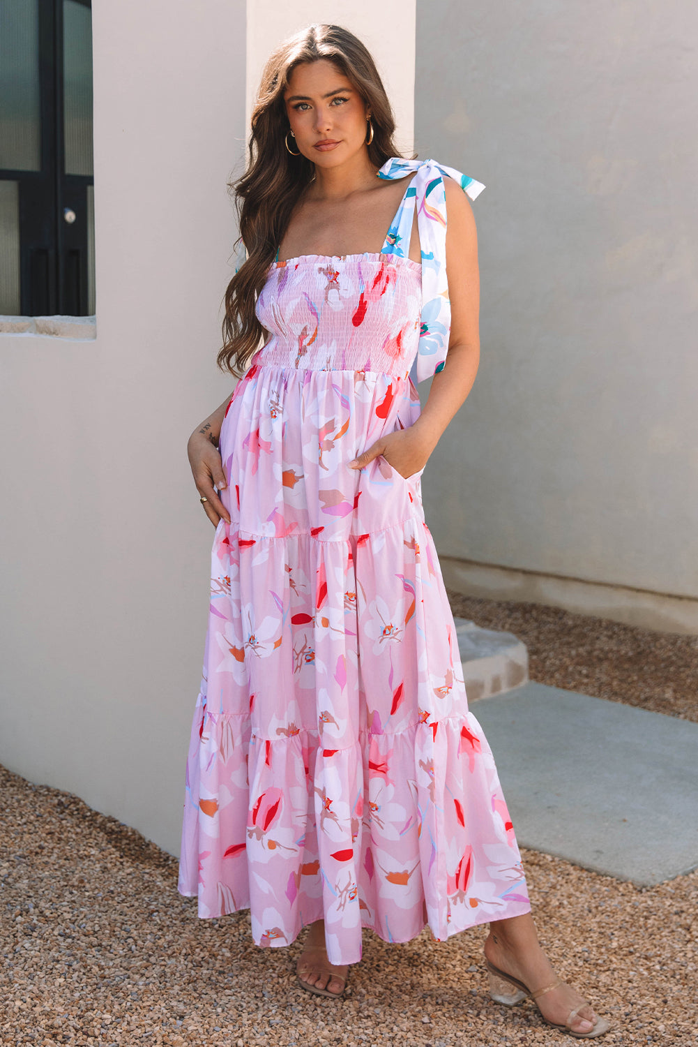 Flora Floral Knotted Shoulder Smocked Maxi Dress-3