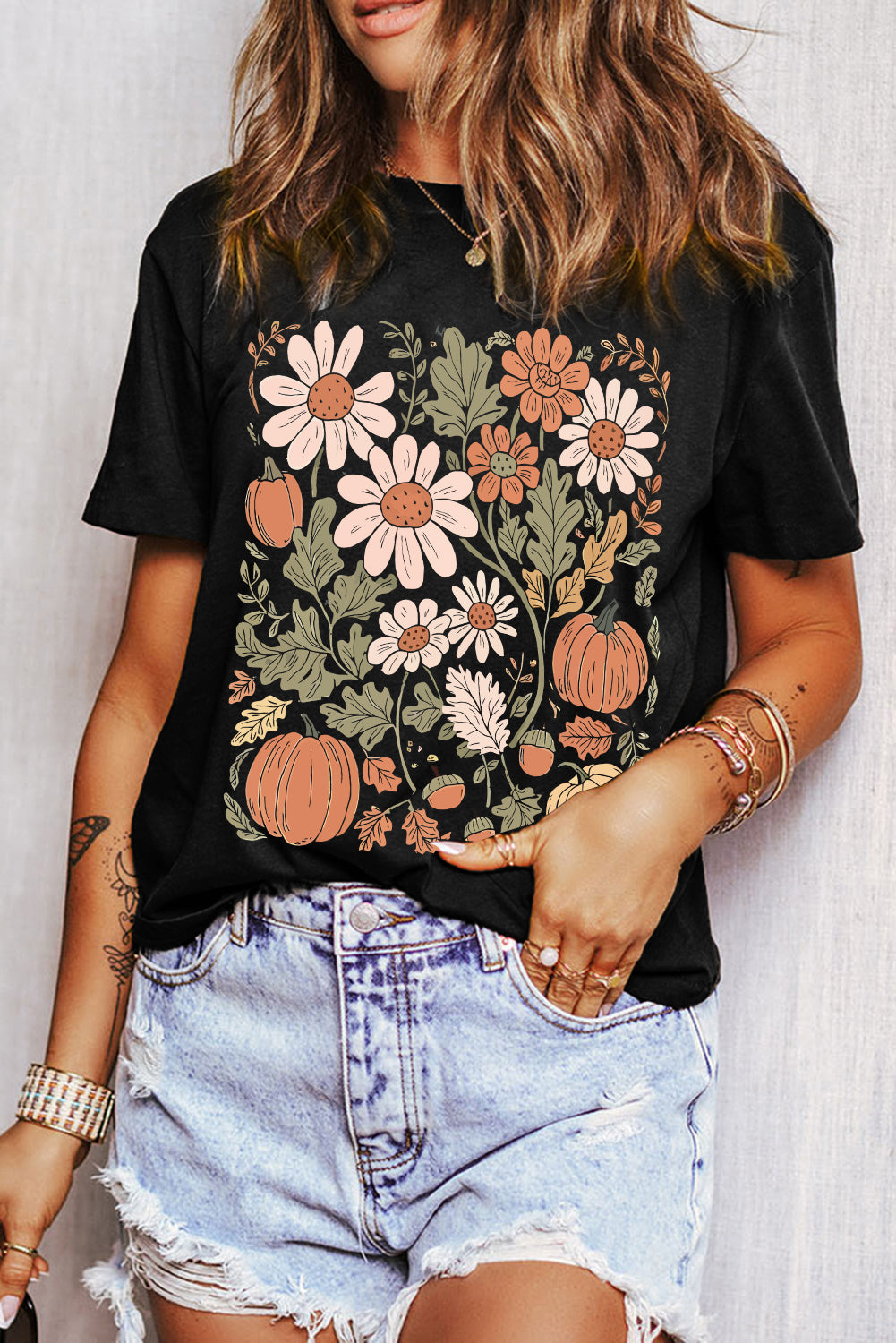 Black Wild Flower Pumpkin Print T Shirt