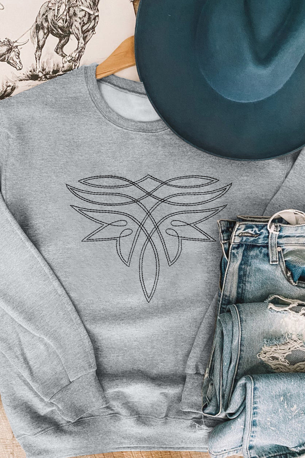 Gray Boot Stitch Pattern Drop Shoulder Pullover Sweatshirt