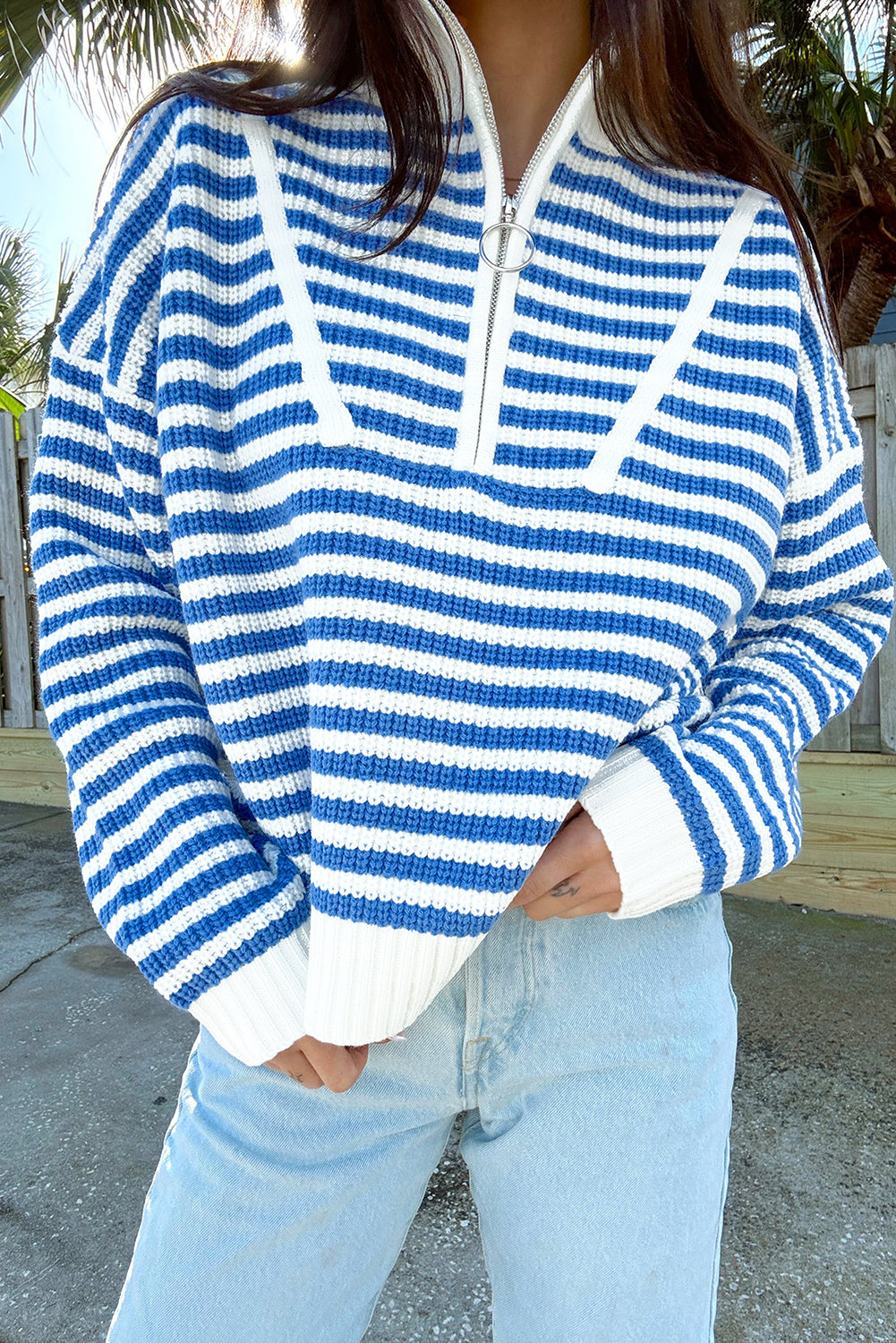 Sky Blue Stripe Zip up Collar Drop Sleeve Sweater
