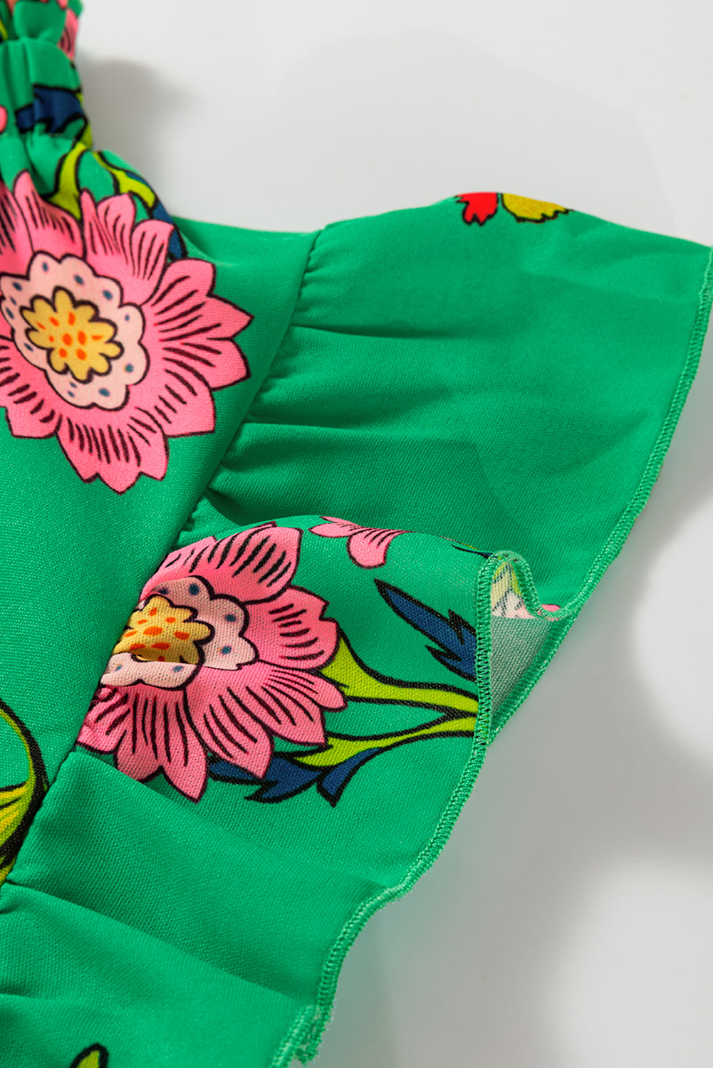 Green Floral Print Flutter Sleeve Frill Neck Blouse