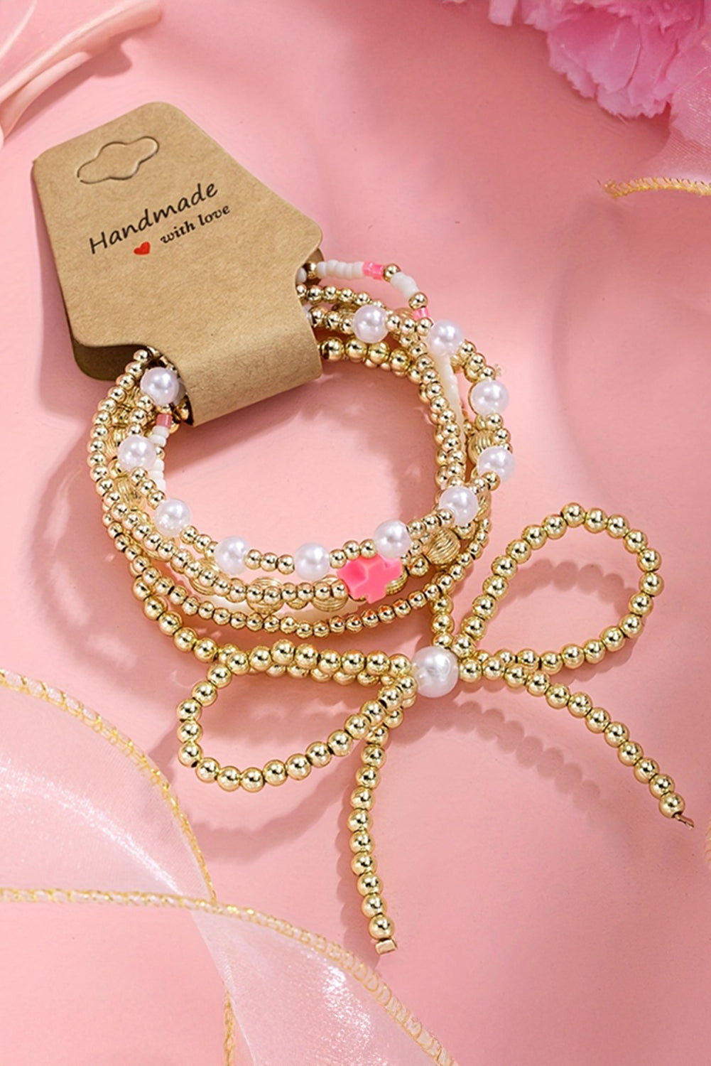 Gold Bow Pearl Cross Beaded Bracelet Set