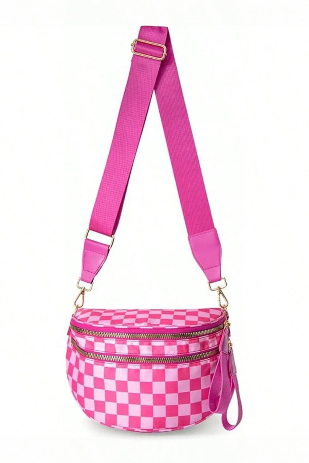 Bright Pink Checkered Print Wide Strap Large Crossbody Bag