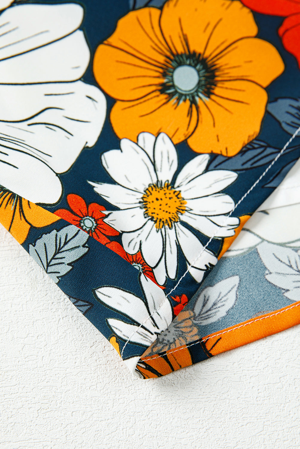 Orange Floral Print Striped Lace V Neck Long Sleeve Mini Dress