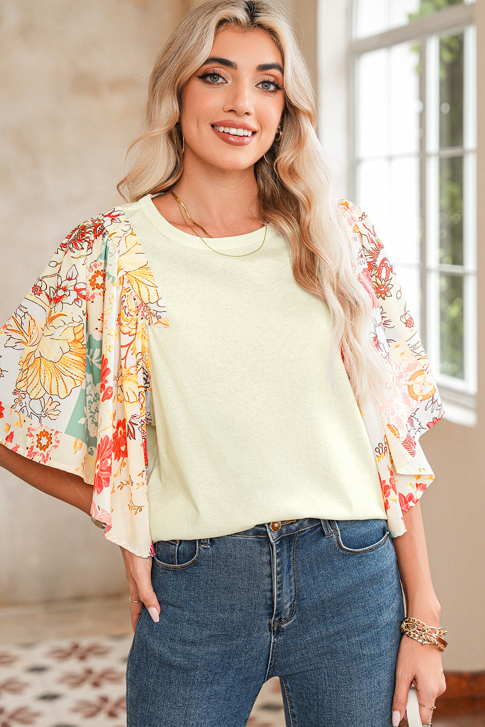 Beige Floral Patchwork Batwing Sleeve Blouse