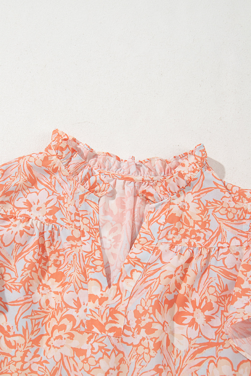 Orange Floral Ruffle Sleeve Split Neck Blouse