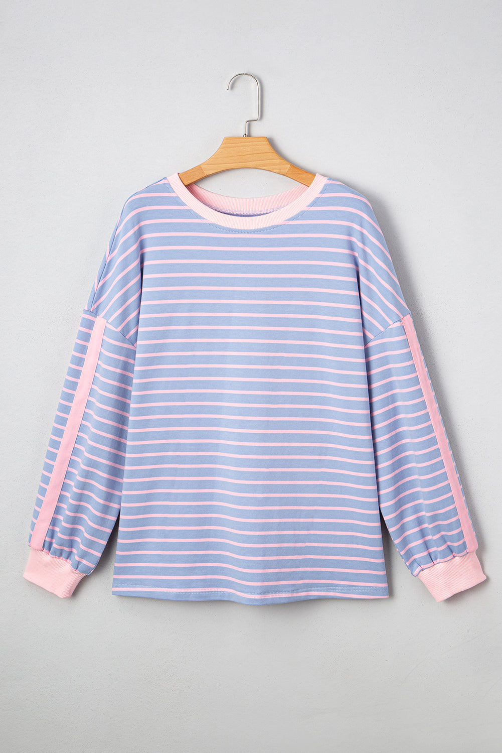 Sky Blue Stripe Oversized Contrast Trim Drop Shoulder Casual Top