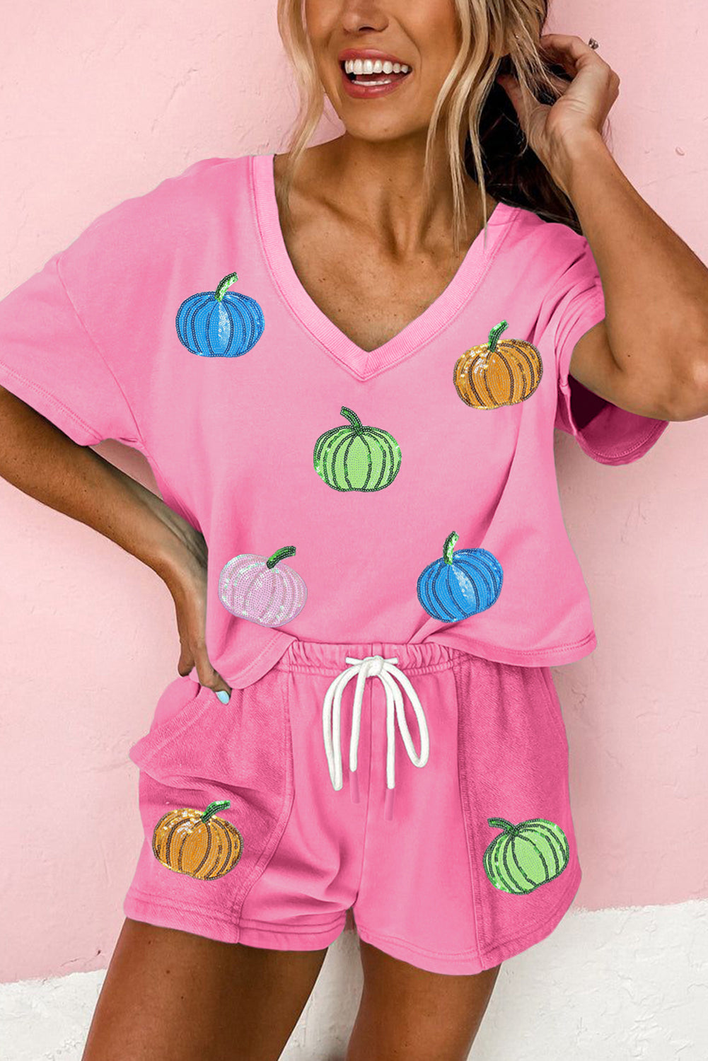Bonbon Sequin Halloween Pumpkin Pattern V Neck Tee and Drawstring Shorts Set