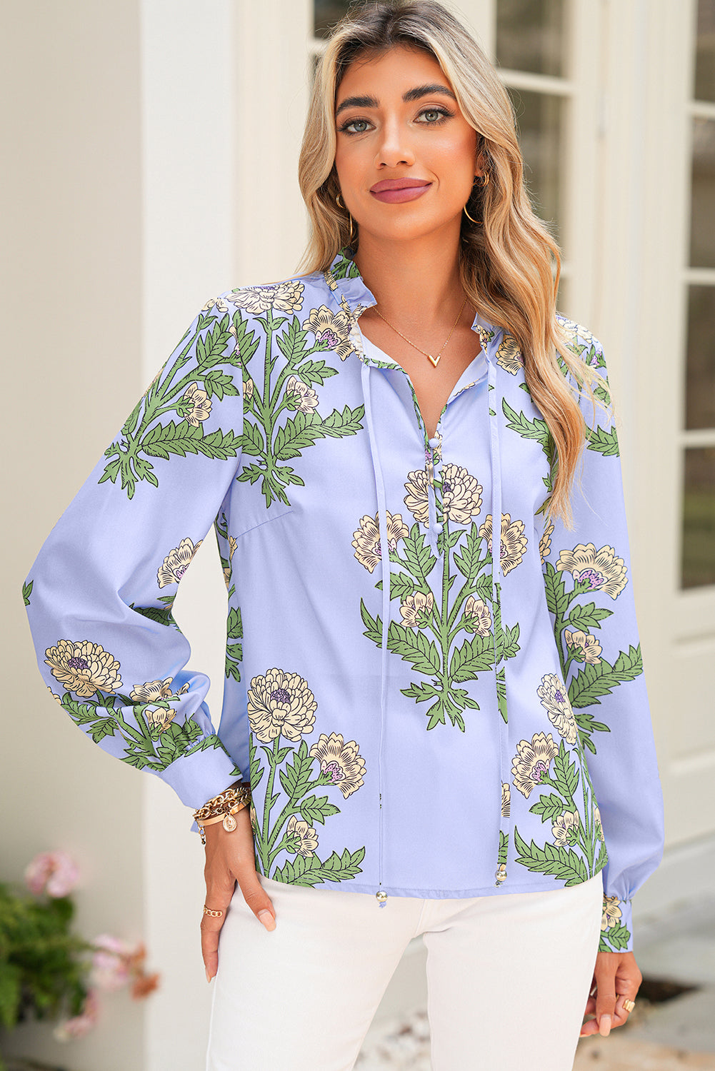 Sky Blue Floral Print V Neck Bubble Sleeve Blouse