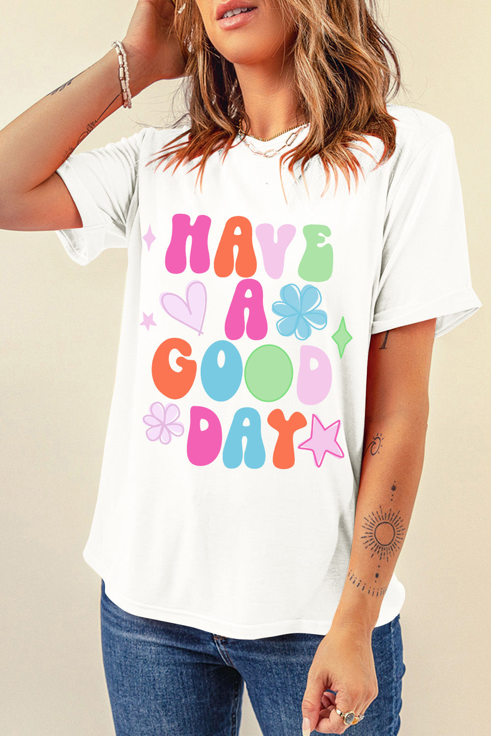 White HAVE A GOOD DAY Print Graphic Casual Tee