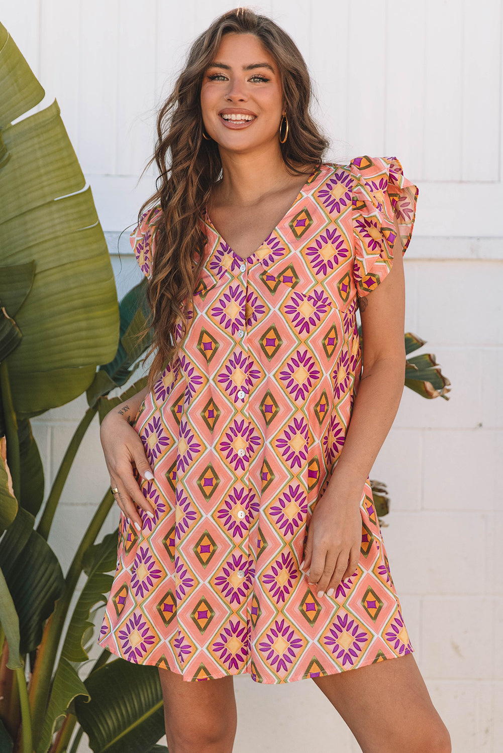 Alexandria Floral V Neck Buttoned Ruffled Sleeve Mini Dress-0