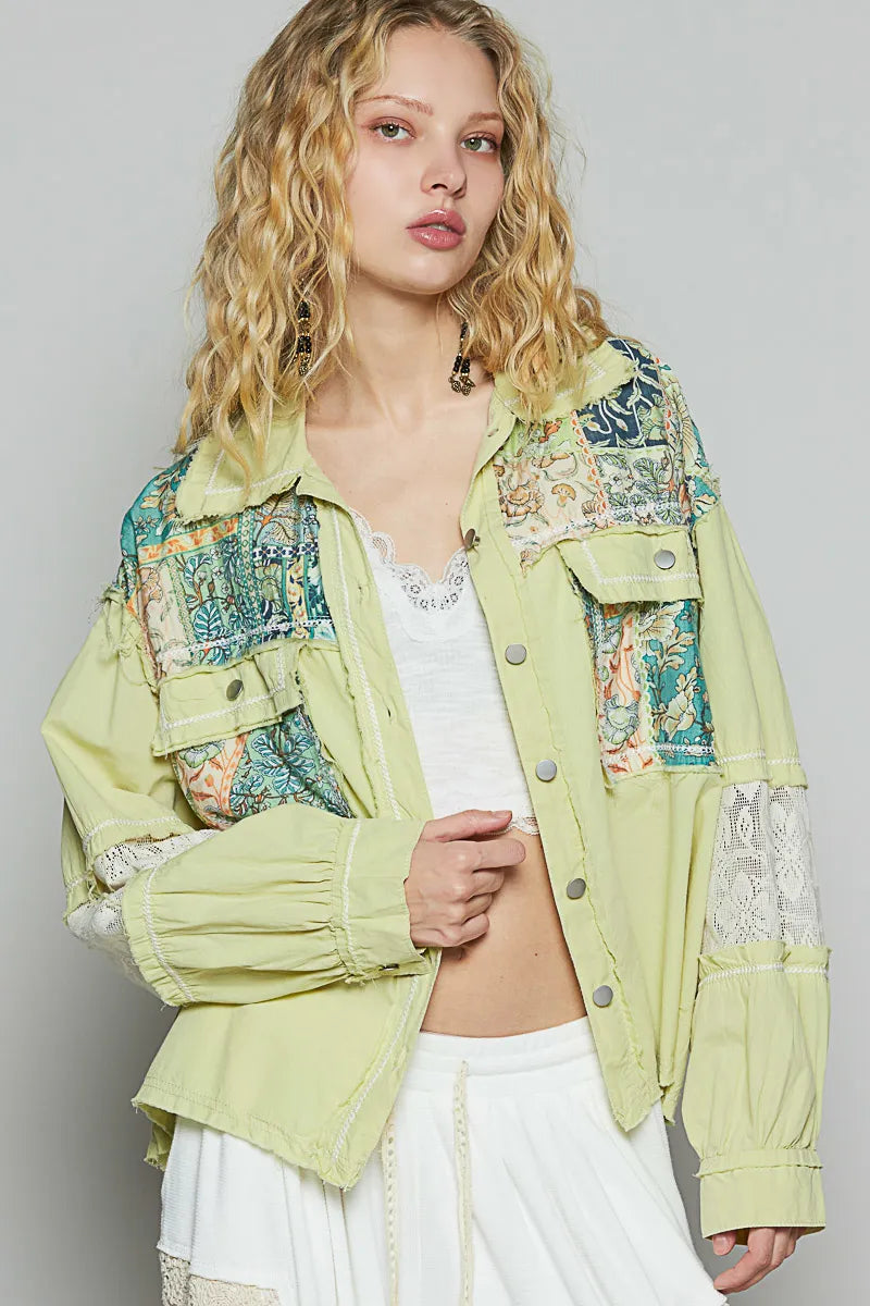 Printed Woven Mix Raw Hem Jacket with Lace Detail