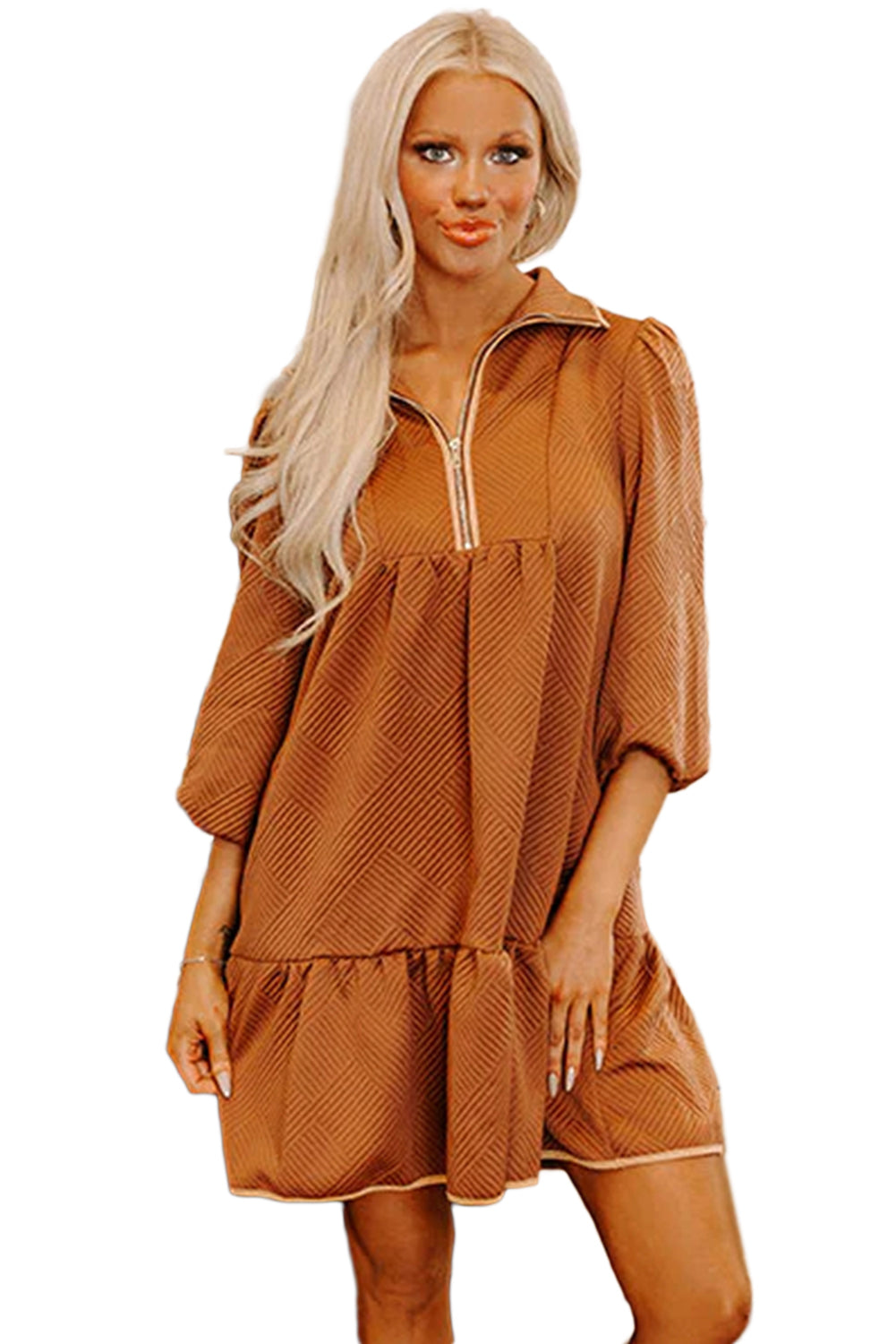 Desert Gold  Quarter Zip Collar Bracelet Sleeve Textured Mini Dress